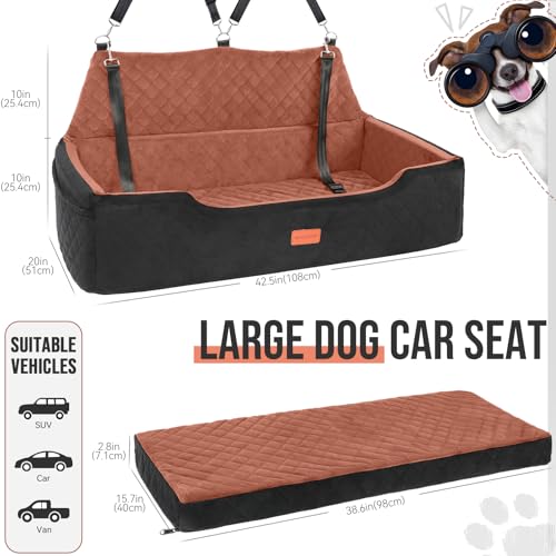 HEGGCOOE Large Dog Car Seat Under 100 lbs, Washable Dog Car Bed for 2 Medium Dogs, Detachable Pet Booster Seat with Storage Pocket and Seat Belt for Back Seat Dog Travel Bed - color: Black/Brown