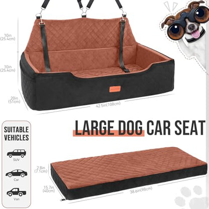 HEGGCOOE Large Dog Car Seat Under 100 lbs, Washable Dog Car Bed for 2 Medium Dogs, Detachable Pet Booster Seat with Storage Pocket and Seat Belt for Back Seat Dog Travel Bed - color: Black/Brown
