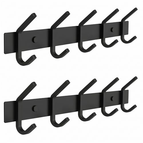 Coat Rack Wall Mount – 15 Inch Stainless Steel Hook Rail with 5 Double Coat Hooks for Hanging – Wall Mounted Entryway Organizer for Coats, Hats, Bags, Towels, Robes, Closet or Bathroom - Black 2 Pack - color: Black, size: 5 Hooks - 2 Pack