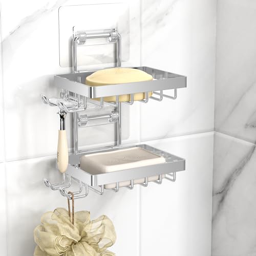 Moforoco Silver Double Soap Bar Holder for Shower, No Drilling Rustproof Stainless Steel, Wall Mounted Soap Holder with 4 Hooks and Razor Holder, Shower Rack Soap Tray Bar Soap for Bathroom & Kitchen - color: Silver, size: 2-T Adhesive