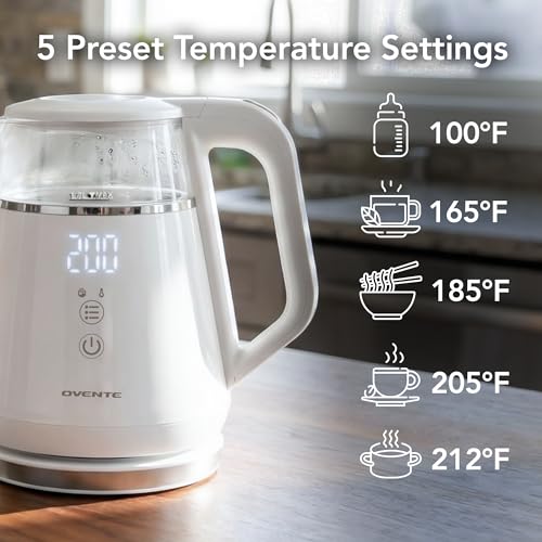 OVENTE 1L Small Electric Kettle with 5 Temperature Preset, Digital Display, 5Hr Keep Warm, Auto Shut-Off, Double-Wall Cool Touch Exterior, Borosilicate Glass,1500W BPA Free Water Boiler, White KD95W - color: White