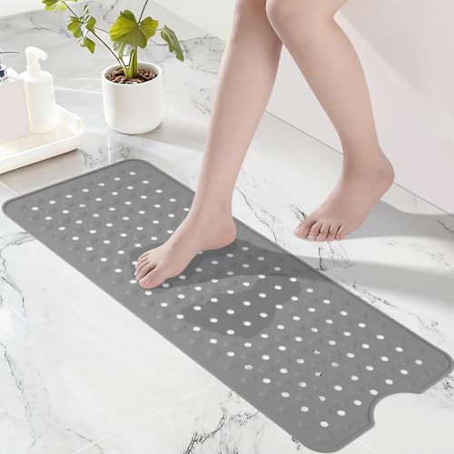 Silicone Bath Tub Mat Non Slip, 36"x16" Shower Foot Scrubber Mat with Drain Holes and Suction Cups, Upgraded Bathtub and Shower Mats, Machine Washable Bathtub Floor Liner Mats for Bathroom (Gray) - color: Gray