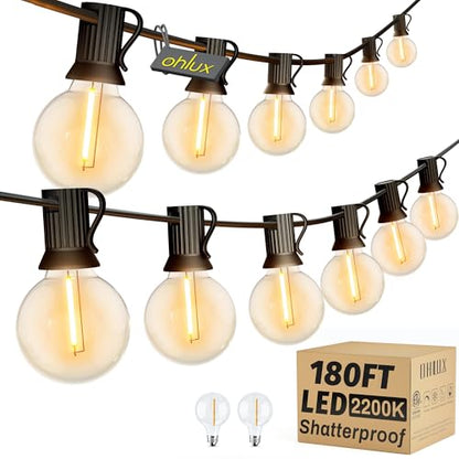 OHLUX Outdoor String Lights, 180FT LED Patio Lights with 82 Dimmable Plastic G40 Globe Bulbs 2 Spares, 2200K Waterproof Connectable Hanging Lights for Backyard Porch Cafe Party Decor E12 Socket - size: 180FT