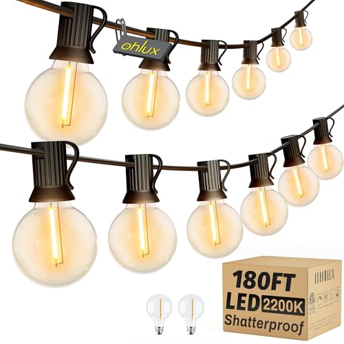 OHLUX Outdoor String Lights, 180FT LED Patio Lights with 82 Dimmable Plastic G40 Globe Bulbs 2 Spares, 2200K Waterproof Connectable Hanging Lights for Backyard Porch Cafe Party Decor E12 Socket - size: 180FT
