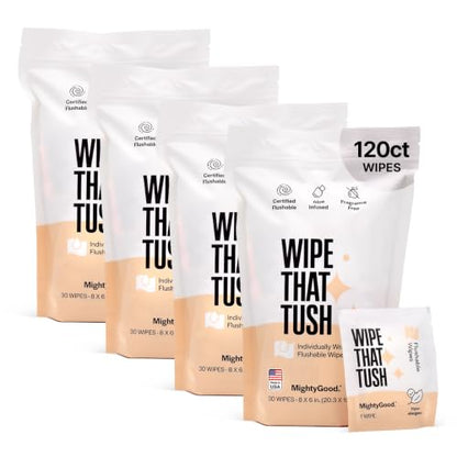 Wipe That Tush On-The-Go Flushable Wipes Bulk Pack - 4 Packs of 30 Individually Wrapped Travel Wipes, 120 Total - Fragrance Free - Hypoallergenic With Aloe & Vitamin E - Septic-Safe - size: 30 Count (Pack of 4)