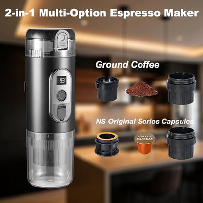 Portable Electric Espresso Machine Travel Coffee Maker 20 bar Mini Espresso Self-Heating Car Coffee Maker Compatible with Ground Coffee & NS Capsule for Camping RV Hiking Offic, Black - color: Black