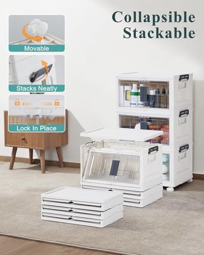 OlarHike 23QT Stackable Lockable Storage Bins with Lids - Folding Storage Box with Doors & Wheels, Collapsible Plastic Organizers for Closets, Dorm, School, Office, Drawers, Bathroom, Gifts, 3 Pack - size: 23QT-White, style: 3Pack
