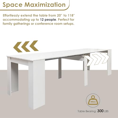 20"-118" White Marble Extendable Dining Table for 2-12 People, Modern Modular Extension Table, Space-Saving Extra Long Folding Dining Table, Multifunctional Conference Meeting Table - color: White Marble, style: 20" - 118.5" (2-12 People)