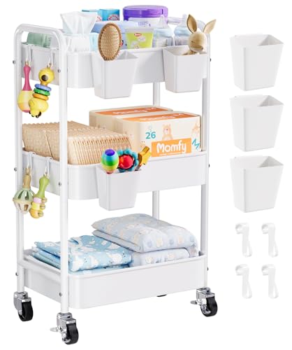 Diaper Cart Organizer with Wheels, 3 Tier Rolling Bedside Cart for Baby Essentials, Baby Organizers and Storage Diaper Caddy Carts for Changing Table, Crib, Bedroom, Newborn Nursery Supplies, White - color: White, size: 3 Tier + Cups + Hooks