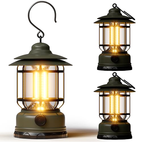 Camping Lanterns Battery Powered, 3 Pack Green LED Rechargeable Lantern with Stepless Dimming, Vintage Portable Camping Lights for Emergency, Fishing, Camping, Hiking, Outage, IPX4 Waterproof - color: Green