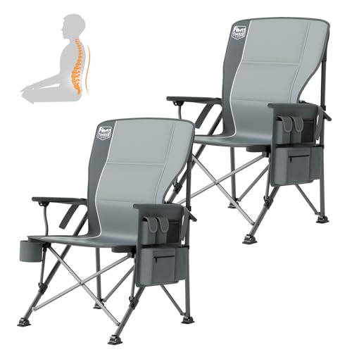 Timber Ridge Oversized Folding Camping Chair with Lumbar Support Adjustable High Back Heavy Duty for Adults Support up to 500lbs with Cup Holder, Cooler Bag, Side Pocket, Grey 2 Pack - color: Lumbar Support Grey-2 Set