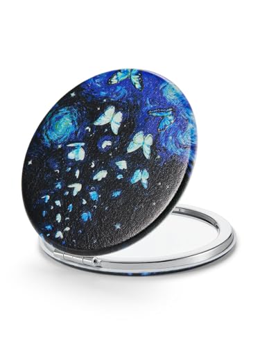 OMIRO 1X/10X Compact Magnifying Mirror, Unique Painting Pocket Mirror with Classical PU Leather (Round, Butterfly) - color: Butterfly