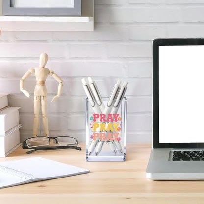 Pray on it Pray through it Acrylic Cosmetic Pencil Pen Holder Cup, Bible Verse Pen Holder Cup, Women Faith Gifts, Christian Gifts for Women Mom Daughter Sister Friend Colleague Boss Teacher - style: Pray on it