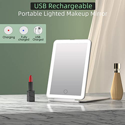 FUNTOUCH Rechargeable Portable Makeup Mirror with 72 LED Lights, Travel Lighted 1X/5X Magnification, 3 Color Lighting,Dimmable Touch Screen, Tabletop Folding Cosmetic Lights - color: Bright White