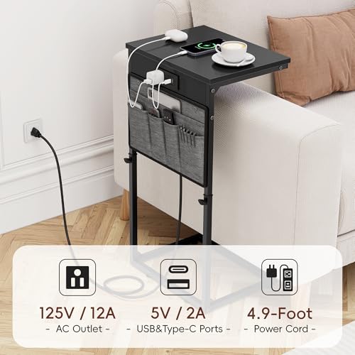 Vagusicc C Shaped End Table with Charging Station, Tall C Table End Table Adjustable Height Side Table for Couch, Small Couch Table Slide Under Sofa Table TV Tray Table for Living Room, Bedroom, Black - color: 1pc Black