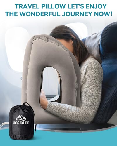 Inflatable Travel Pillow, Airplane Neck Pillow Comfortably Supports Head and Chin for Airplanes, Trains, Cars Office Napping on The Tray Table (Grey) - color: Grey(upgraded)