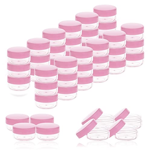 5 Gram Sample Containers with Lids, Mini Makeup Containers, Empty Plastic Travel Cosmetic Containers with Labels(50 Count, Pink Lid) - color: Pink