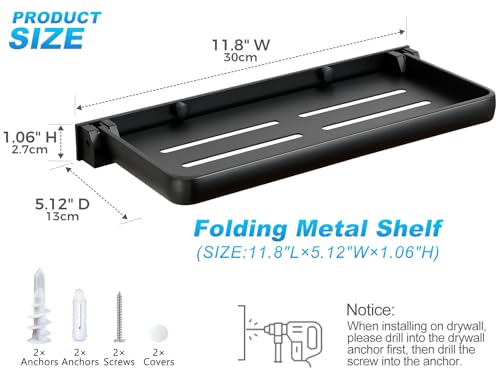 RV Fold-Down Wall Shelf - 12 Inch Space Saving Small Folding Shelf | Wall Mount Storage for RV, Laundry Room, Bathroom, Kitchen | Waterproof Rustproof Aluminum (Black)