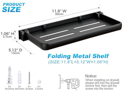 RV Fold-Down Wall Shelf - 12 Inch Space Saving Small Folding Shelf | Wall Mount Storage for RV, Laundry Room, Bathroom, Kitchen | Waterproof Rustproof Aluminum (Black)
