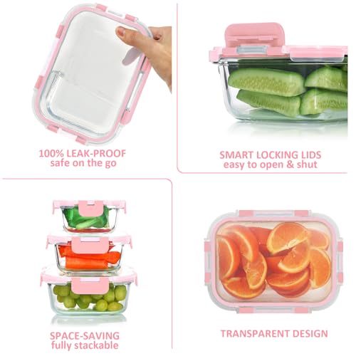 KOMUEE 24 Pieces Glass Food Storage Containers Set, Meal Prep Containers, BPA-Free Airtight Glass Storage Containers with lids,Freezer, Microwave and Oven Safe,Pink - color: Pink