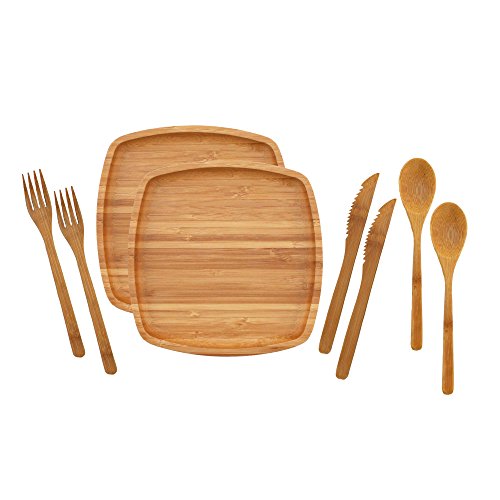 BambooMN Camping Mess Kit Lightweight Organic 8" x 8" Bamboo Plates, Forks, Knifes and Spoons for Camping, Hiking, or Backpacking - 2 Sets - color: 2 Sets