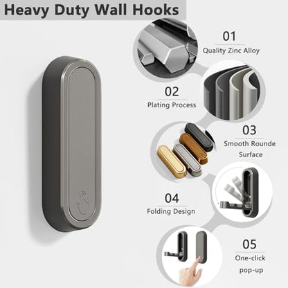 2PCS Foldable Wall Hooks, Flip Down Design with 40 lbs Heavy-Duty Capacity, Retractable Wall Hooks for Bathroom, Bedroom & Entryway Space Saving (Gray) - color: Gray, size: 2 Hooks