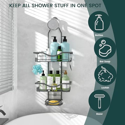 REINHARDT Shower Caddy Hanging Adjustable, Extended Length Rustproof Shower Caddy Over Shower Head with Hooks Soap Holder, Large Capacity Shower Organizer Anti-Swing Bathroom Organizer, Grey - color: Grey