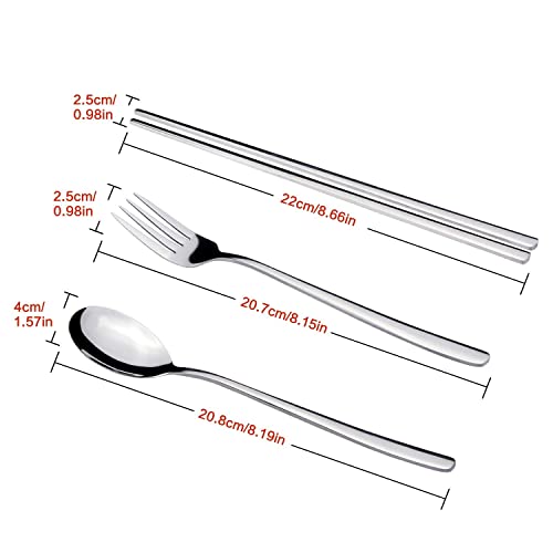 IQCWOOD Spoons and Forks Flatware Set, 3 Pairs Chopsticks Forks and Spoons Silverware Korean Utensil Set, Stainless Steel Korean Dinnerware Portable Utensils for Home