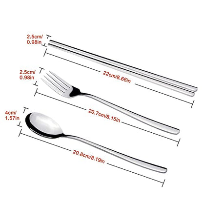 IQCWOOD Spoons and Forks Flatware Set, 3 Pairs Chopsticks Forks and Spoons Silverware Korean Utensil Set, Stainless Steel Korean Dinnerware Portable Utensils for Home
