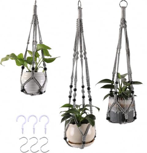 3-Pack Macrame Plant Hanger Indoor - Hanging Planter Basket for Indoor Outdoor - Decorative Boho Plant Holders Set with Beads - Ceiling Flower Pot Holder with 6 Hooks - 35"/30"/24" Gray - color: Gray