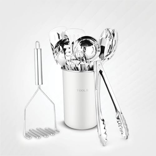 Avador® Premium Set of 10 Stainless Steel (WHITE HOLDER) Kitchen Tool Set with Holder Easy To Clean, Space Saving, Great for Cooking, Baking, Prepping (WHITE) - color: White