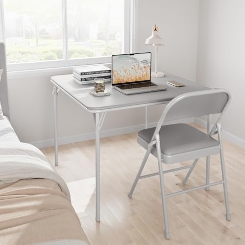GarveeHome 33.6 in Folding Card Table, Portable Square Folding Table with PU Leather Soft Cushion, Foldable Table Suitable for Dining Room, Living Room, Office, Camping - color: Grey
