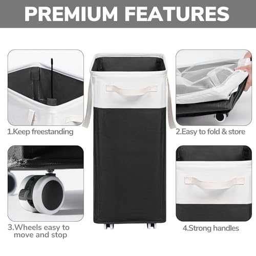 Goodpick Rolling Laundry Hamper with Wheels 75L, Black Laundry Hamper for Dirty Clothes, Collapsible Laundry Basket with Removable Wash, Black Laundry Basket with Wheels - color: Black & White