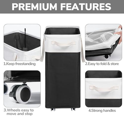 Goodpick Rolling Laundry Hamper with Wheels 75L, Black Laundry Hamper for Dirty Clothes, Collapsible Laundry Basket with Removable Wash, Black Laundry Basket with Wheels - color: Black & White