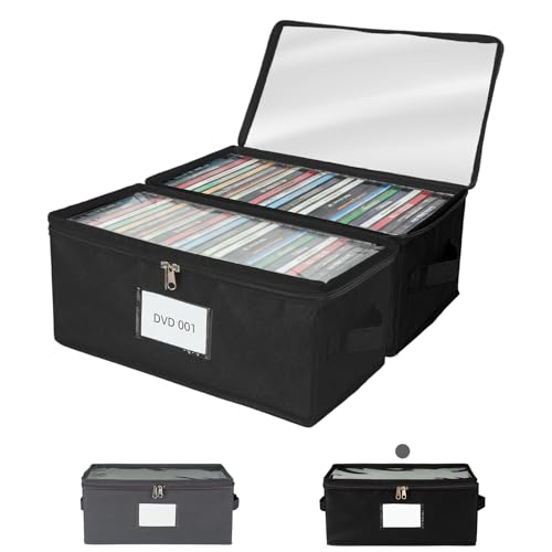 2 Pack Fabric DVD Storage Box with Clear PVC Lid, Holds 25 Standard DVD Cases, Sturdy Non-Woven Fabric with Cardboard Support for Movie Collection, Black - color: Black, size: Standard-2 Pack