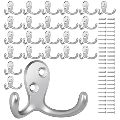 Homanu 24 Pack Coat Hooks, Heavy Duty Double Prong Coat Hooks Wall Mounted with 48 Screws, No Rust Silvery Metal Wall Hooks for Hanging Towel, Coat, Bag, Hat, Cup, Key - color: 24 Pcs Silvery
