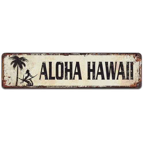 Aloha Hawaii with Hawaiian Surfer Girl Wall Decor, Beach Tin Sign, Coastal Decor, Beach Life, Novelty Metal Signs 4x16 Inch - color: V-150
