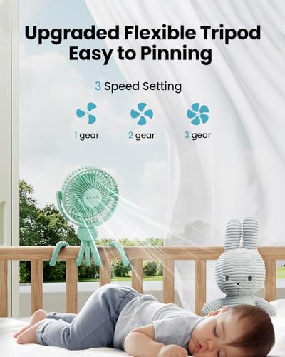 Gaiatop Mini Portable Stroller Fan, Battery Operated Small Clip on, Detachable 3 Speed Rechargeable, 360° Rotate Flexible Tripod Better Cooling for Car Seat Crib Treadmill Travel Green - color: green