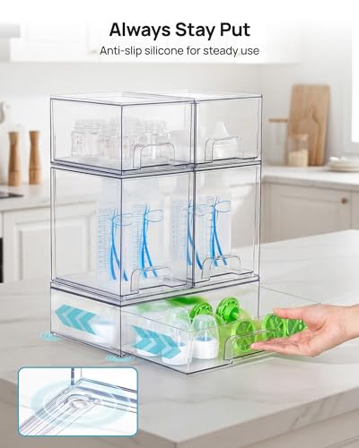 Vtopmart Stackable Storage Drawers Set of 7, Clear Plastic Organizer Bins for Baby Bottle, Beauty Supplies Storage, Ideal for Kichen Countertop, Vanity, Bathroom, Cabinet, Pantry Organization - style: 4 Small+2 High+1 Wide