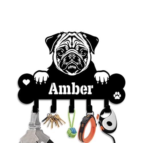 NIWAHO Dog Leash Holder for Wall Personalized - Pug Custom Metal Sign with Bone Key Hooks, Entryway Mudroom Organizer Rack, Pet Room Decor - color: Pug