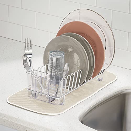mDesign Kitchen Sink Dish Drainer – Small Metal and Plastic Dish Rack for Kitchen Sink – Dish Drying Rack with Drip Tray for Plates and Cutlery Basket – White/Clear - color: White/Clear