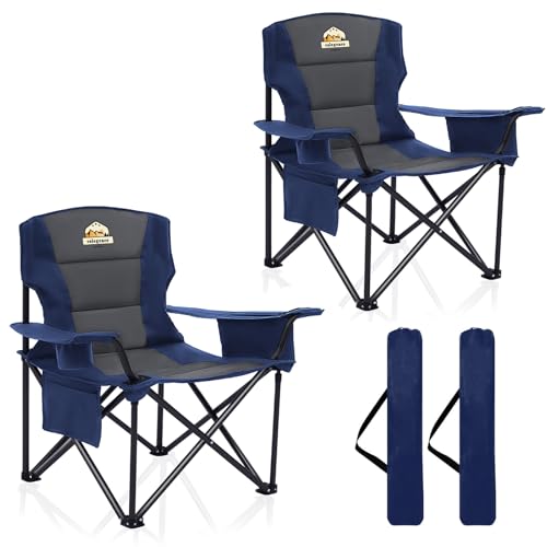 Colegence Oversized Heavy Duty Camping Chairs 2 Pack, 450 LBS Support Extra Wide Folding Portable Outdoor Chair with Cooler Bag, Cup Holder & Armrests for Camping, Beach, Tailgating, Sports, Navy - color: Blue, style: Twin Pack
