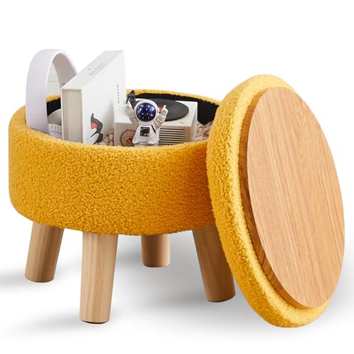 Wimarsbon Storage Ottoman, Modern Round Footrest with Soft Padded Seat, Teddy Velvet Footstool with Wood Legs, Accent Small Table or Plant Stand for Hallway, Living Room (Brilliant Yellow) - color: Brilliant Yellow