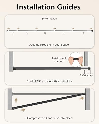 Tension Curtain Rod by EZFurni, 35 to 76 Inches, Spring Loaded Curtain Rods No Drilling, Renter Friendly Tension Rod for Closet, Window, Bathroom, Anti-slip, Screwless, Black - color: Black, size: 35-76 Inches
