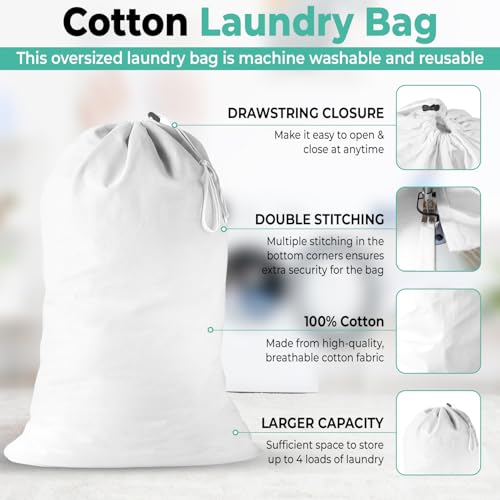 2 Pack - Cotton Laundry Bag, Heavy Duty Large Laundry Bags 24 x 36 inch Drawstring Travel Organizer Bag Fit Hamper Basket Camp (WHITE, Pack of 2) - color: WHITE, size: Pack of 2