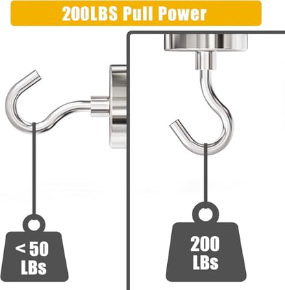 Neodymium Heavy Duty Magnet Hooks, 200 lbs Fishing Magnets 1.65 Inch Magnets with Countersunk Hole (Hook & Eyebolt) Included for Fishing, Workplace, Home (Silver, Pack 6) - size: 6 Pack