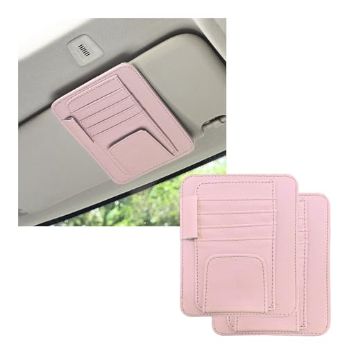 Dickno 2PCS Small Leather Car Sun Visor Organizer, Multifunctional Auto Visor Document Holder with Sunglasses Clip, Universal Car Interior Organizer for Drving License, Card, Pen (Pink) - color: Pink, 2PCS