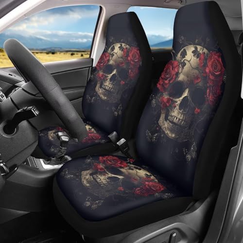 Bulopur Halloween Skull Car Seat Cover Front Seats Only Breathable Cozy Automotive Seat Covers & Accessories Women Girly Auto Interior Decor Bucket Protective Cover Washable - color: Floral Skull Red Rose Flower