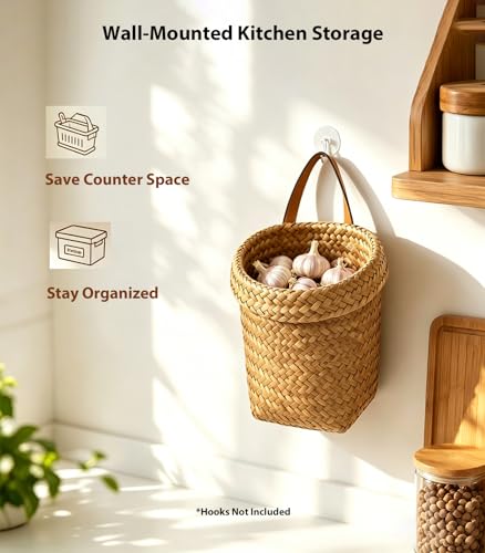 Wall Hanging Basket, Natural Seagrass Woven Storage Basket, Farmhouse Wall Organizer for Bedroom, Entryway & Kitchen