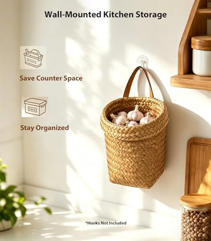 Wall Hanging Basket, Natural Seagrass Woven Storage Basket, Farmhouse Wall Organizer for Bedroom, Entryway & Kitchen